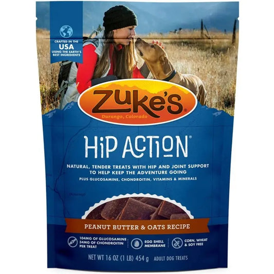 Zukes Hip Action Dog Treats - Peanut Butter & Oats Recipe - 1 lb 