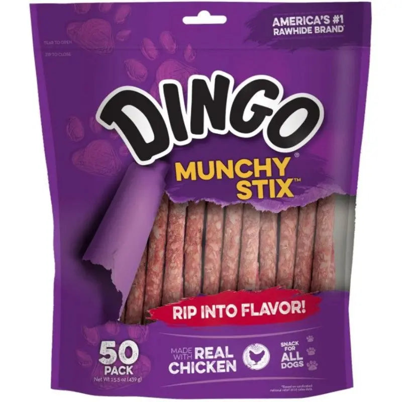 Dingo Munchy Stix Chicken & Rawhide Chews (No China Sourced Ingredients) - 50 Pack - (5" Sticks) 